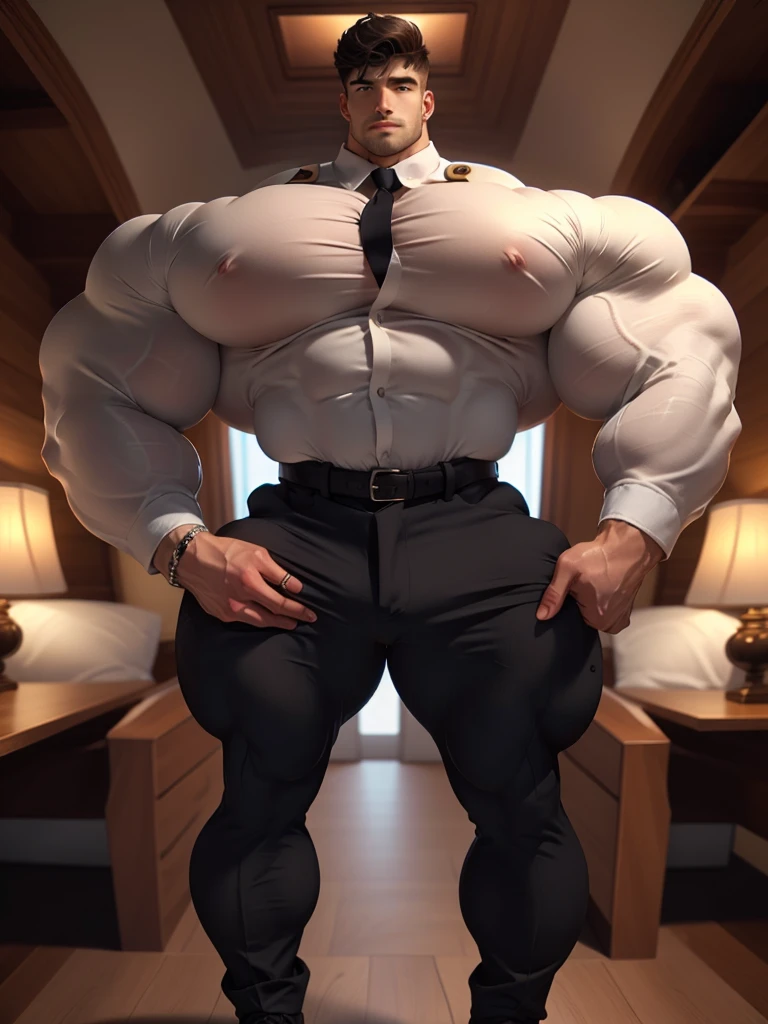 best quality,masterpiece,1boy, men,A handsome,mature man, militar. Looking at viewer, model shot. Brutalmass, giant, muscular physique, bulk. His features are well-proportioned and symmetrical,giving him a classic and handsome appearance. He is dressed in a stylish and sophisticated outfit,comprising a tailored suit jacket,crisp white shirt,and sleek black pants. Overall,the man exudes charisma,charm,and an air of sophistication and refinement.,Gothic,skyscraper,wood,