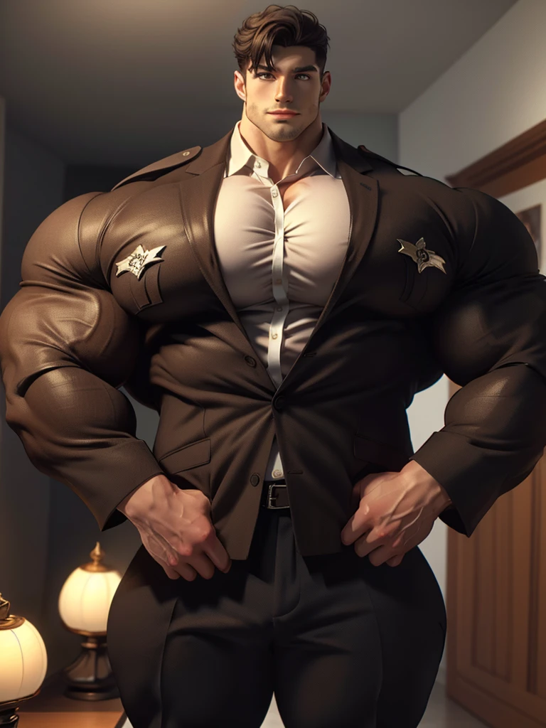 (best quality:1.5, hyperrealistic:1.5, photorealistic:1.4, madly detailed CG unity 8k wallpaper:1.5, masterpiece:1.3, enthusiastically detailed photo:1.2), (hyper-realistic lifelike texture:1.4), highly detailed, ((masterpiece, best quality)), retouched, extremely detailed 8K wallpaper, 1 korean male, (korean man with k-pop idol look), 20yo, handsome, hyper muscle, stubble, firm, wear policeman costume & pants, big guy, photo real, illuminating light, brutalmass, giant muscular bodybuilder, bulk, massive body, large size, posing, indoor, investigation room