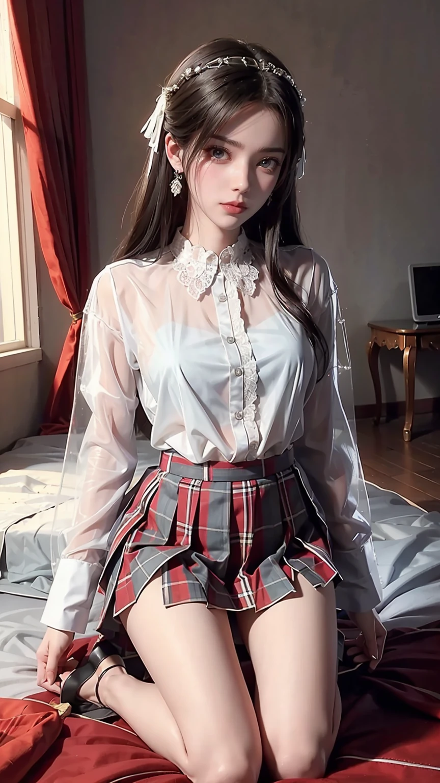 Best quality，masterpiece，The Ultimate Solution，Fluffy，Colorful，Mature beautiful woman，(Young woman;Composed of transparent white shirt, Thin band, Casual suits, Breathable plaid pleated skirt.:1.5)、(She shyly pulled up her skirt:1)、(Breathable lace is clearly visible.:1.3)，Wearing white，Neck tie，red plaid skirt，（Beauty Head），Normal posture，Red lips，（Kneeling），Kneeling on the bed，shackles，Beheading，collar，Handcuffs，White long tube，Normal posture，White long tube，（Black long hair），Gray Eyes，Cover your chest with your hands，Black hair