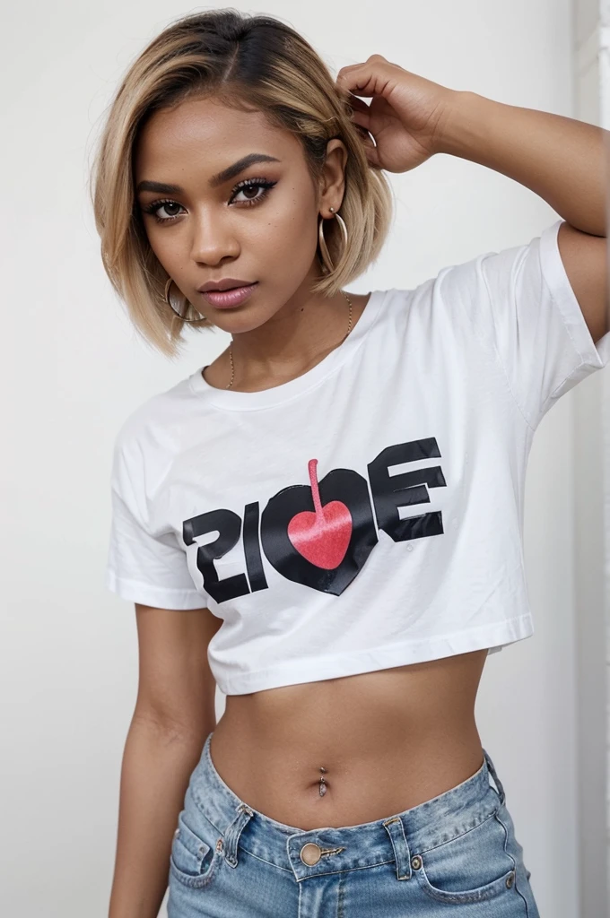 "Creates an image of a dark-skinned woman with a short blonde bob hairstyle, posing for a modeling shoot. She has impeccable makeup with well-defined eyebrows, strong black eyeliner, voluminous eyelashes, and lips bright pink. She is wearing a nose piercing and a cherry earring. The scene is professionally lit, highlighting the details of her makeup and hair. She is dressed in a t-shirt. white and ripped jeans, posing casually with one hand in his hair and the other in his pocket."