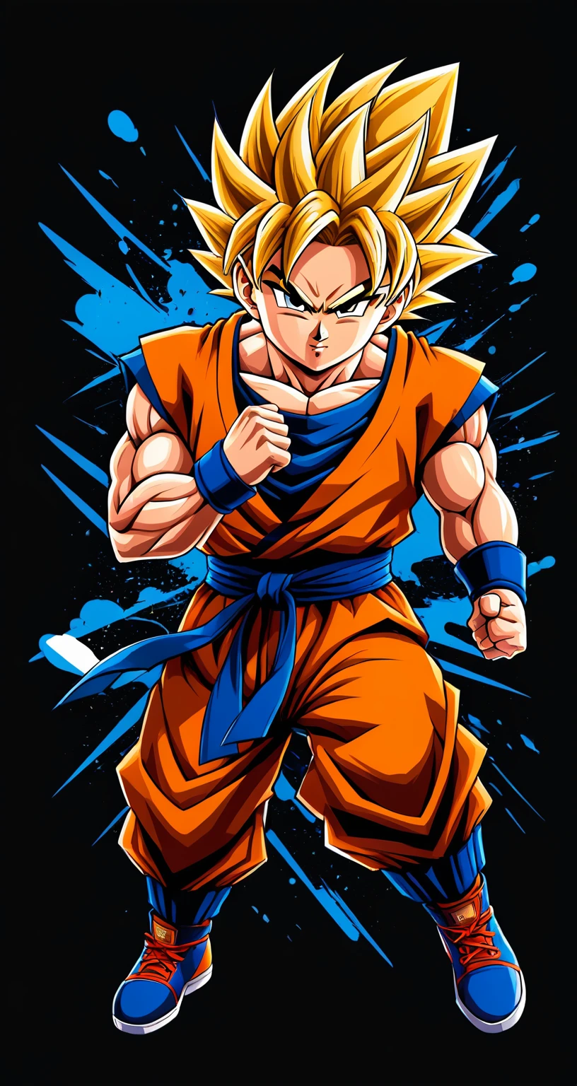 Gohan style fighting game, Hip-Hop Style, t shirt design, flat-colors, vectorial art, ((black backdrop)) . dynamic, Vibrant, full of action, detailed character design, reminiscent of fighting video games