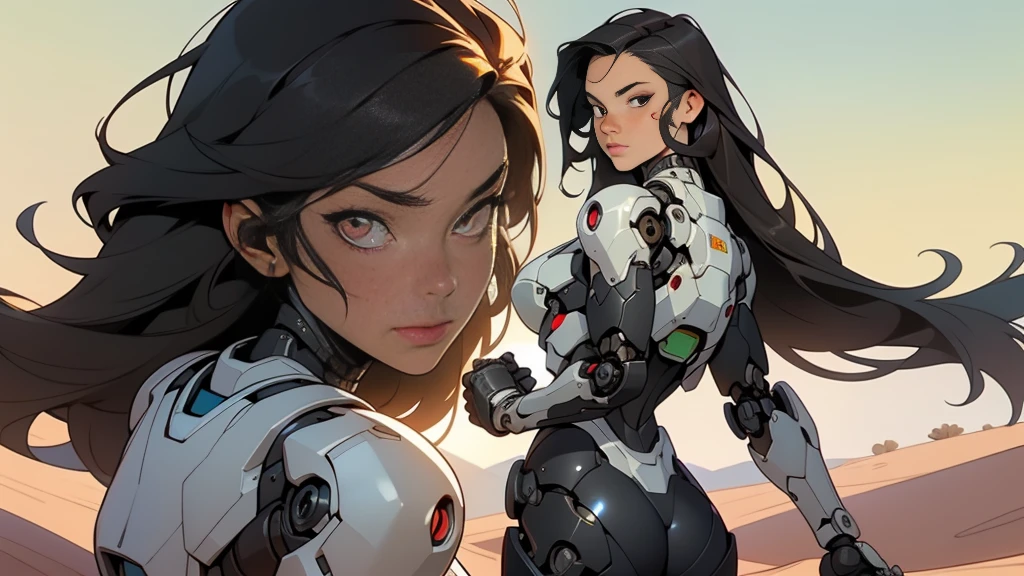 high quality, 4K, masterpiece, Beautiful, cyborg girl, cowboy shot, dull eyes, rear, I turn around, to look at the viewer, long light hair, girl, , suitable for thigh, robotic weapons, robotic body, cyborg body, yellow accent, editorial, complex part, compound, detailed lines, Robotic part, raising your fist, holding your hand like a fist, colored robotic parts, robotic parts with color, perfect fingers, on a desert planet, Solar background, colorful desert,,((masterpiece, top quality)), detailed face, masterpiece, Best quality, 1 adult woman, female focus, One, Dark black hair, Bright red eyes, long hair, Looking at the viewer, closed mouth