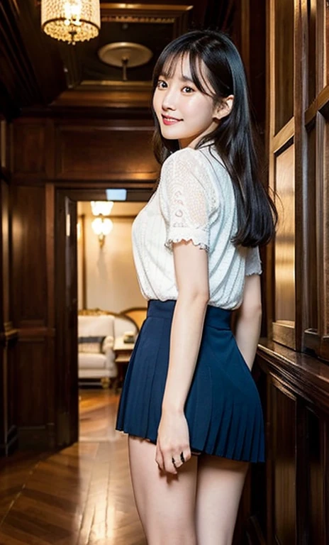 very cute and beautiful girl,(Very detailed美しい顔), (smile),Seraphim,Navy blue pleated mini skirt, (Recall,From behind),Leaning forward,From below,(White panties), Antique Hotels in Europe,corridor,Wooden staircase, Black Hair,View your viewers, (Highest quality,masterpiece:1.0),Absurd,High resolution,Super detailed,Very detailed,32k,8K resolution, Intricate details,Movie Scenes,Detailed Background,alone,Dynamic Angle,