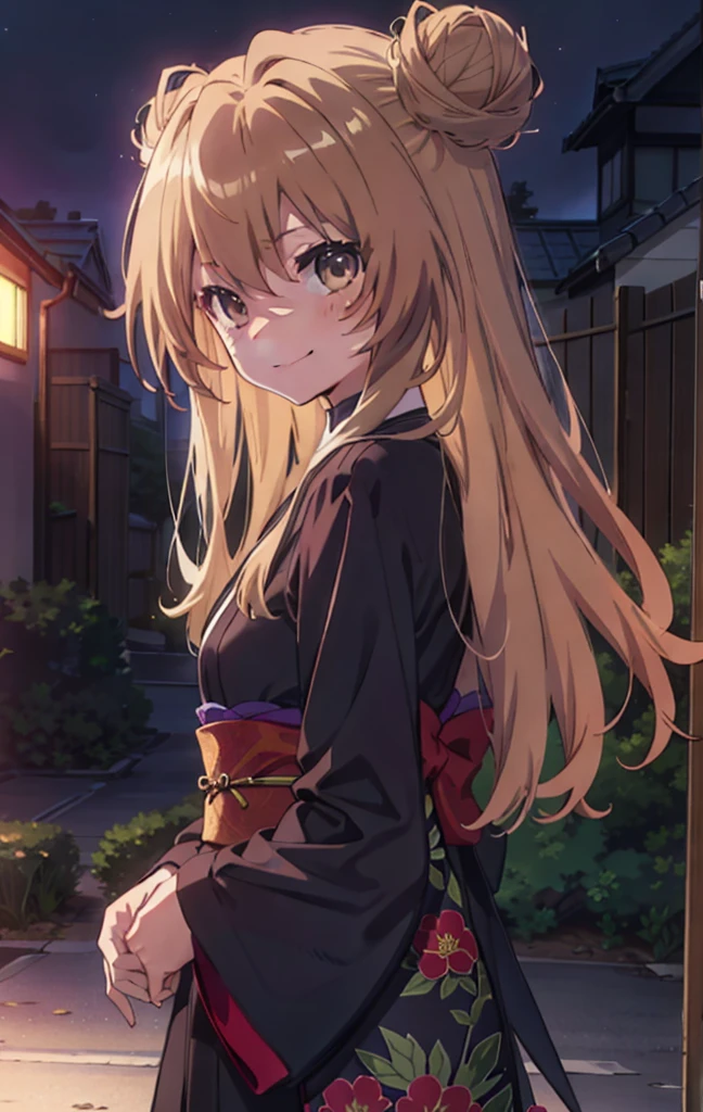 taiga aisaka, taiga aisaka, Long Hair, Brown Hair, Brown eyes,happy smile, smile, Close your mouth,Hair Bun, single  Hair Bun,Black kimono,Thick sleeves,日本のfestival,夏festivalの屋台,Red lantern,night,night空の花火,Fireworks,The place is a fireworks display,時間はnightです,sunny day,turn around,As if your whole body is in the illustration,Walking,　　　　　　　　　　　　　　　  　　　　　break looking at viewer, Upper Body, (Cowboy Shot:1. 5),  　　　　　
break outdoors, festival,shrine,
break (masterpiece:1.2), Highest quality, High resolution, unity 8k wallpaper, (shape:0.8), (Beautiful attention to detail:1.6), Highly detailed face, Perfect lighting, Highly detailed CG, (Perfect hands, Perfect Anatomy),