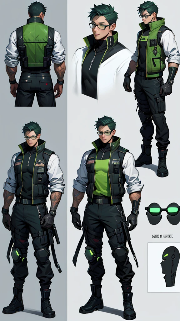 Character design sheet、Green short hair、Glasses、male、Tactical Vest、whole body、cyber punk, Surrealism, reference sheet, zoom layer, 8k, highres, best quality, UHD, anatomically correct