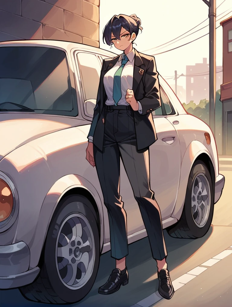 A woman wearing a black suit, tie, black long pants, leather shoes, and black socks breaks a car window.