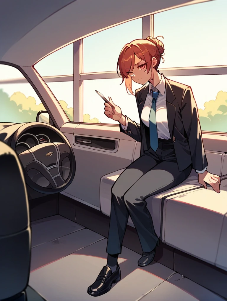 A woman wearing a black suit, tie, black long pants, leather shoes, and black socks breaks a car window.
