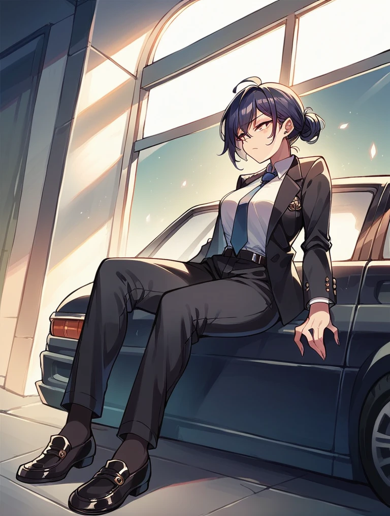 A woman wearing a black suit, tie, black long pants, leather shoes, and black socks breaks a car window.