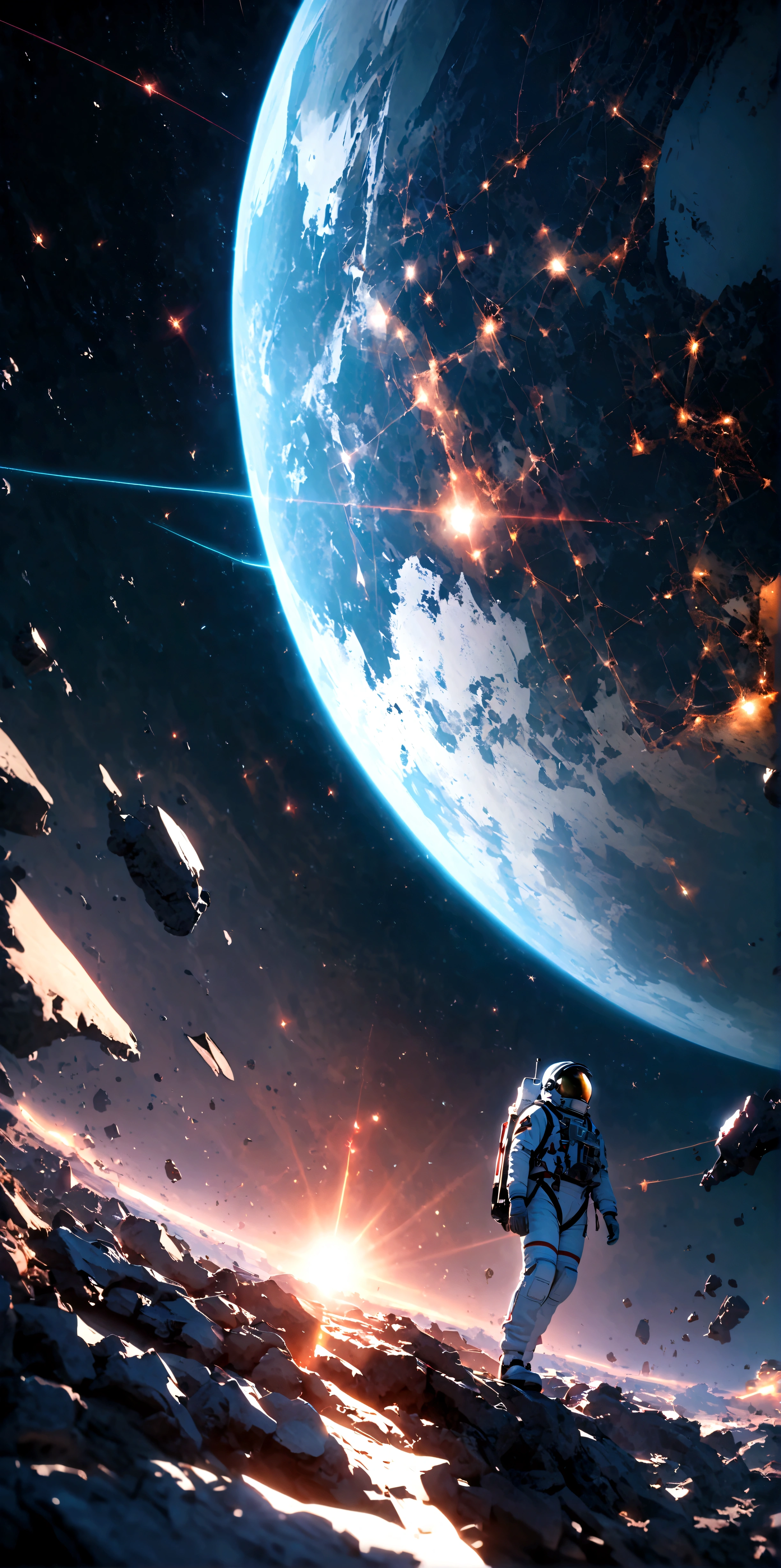 quality\(8k,wallpaper of extremely detailed CG unit, ​masterpiece,hight resolution,top-quality,top-quality real texture skin,hyper realisitic,increase the resolution,RAW photos,best qualtiy,highly detailed,the wallpaper,cinematic lighting,ray trace,golden ratio\), BREAK ,solo,1astronaut\(wearing spacesuit, drifting aimlessly in the galaxy\(dark,beautiful,beautiful stars\),at the moon\) watching the sun\(beautiful ,dazzling\) rising from the top of the earth\((beautiful,blue:1.4)\),(long shot:1.5)