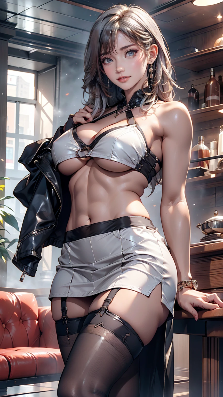 24-year-old female、Sexy proportions、Silver Hair、Underboob Top((underboob top))、Underboob exposure、Navel exposed、Low-rise miniskirt、Garter Stockings、Stiletto heels、Clutch bags、Skyscraper background、At a high-end boutique、smile