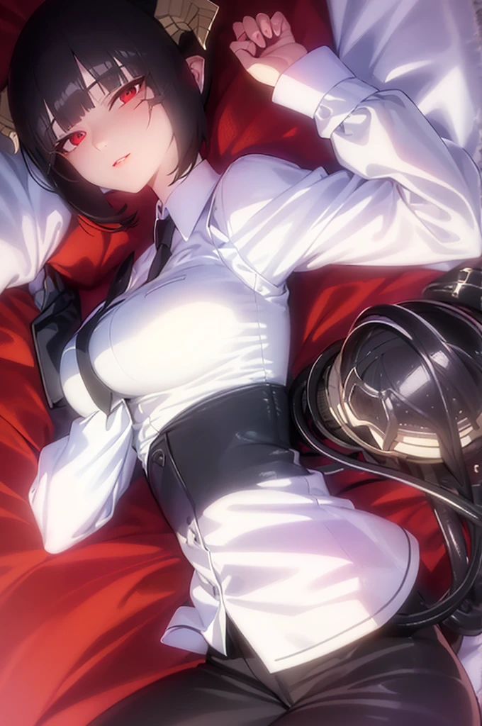 
work of art, best qualityer, high resolution, 1girl horns short hair demon tail, white shirt black ascot black gloves black pants black vest lying on your back, sheet, arms up,blushed,face red,Hands behind the head,ssmile,Bblack hair,short thigh shorts,ssmile
