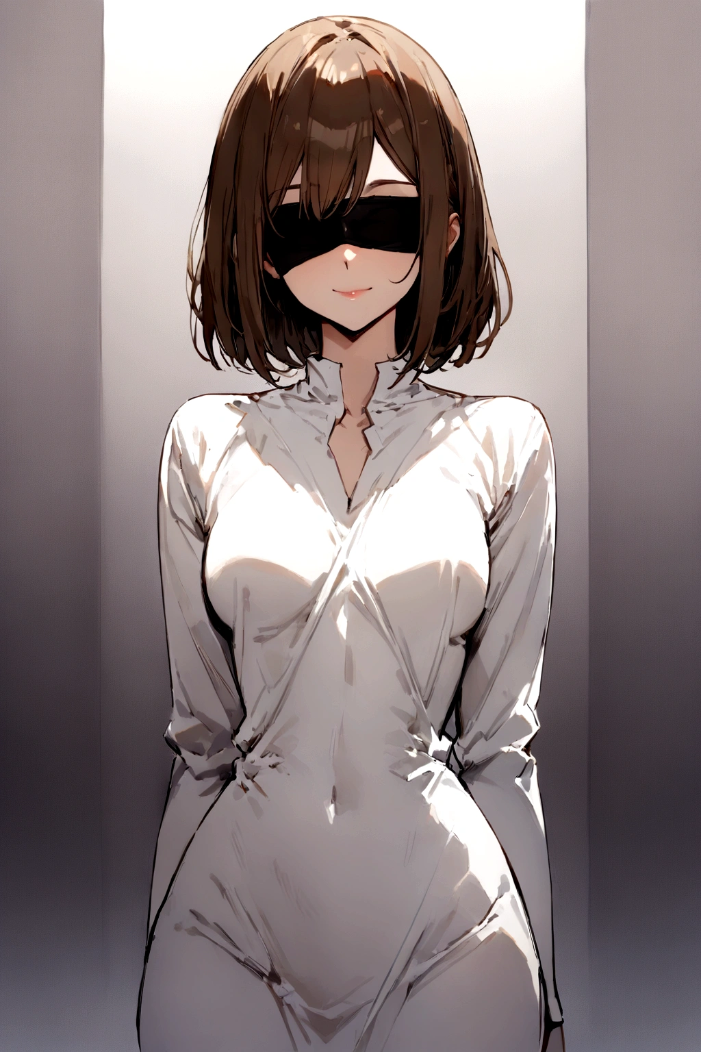 ((masterpiece)), ((best quality)), (from front, facing front:1.32), (close-up:1.2), (half-body shot:1.36), (middle part hairstyle), perfect anatomy, 1girl, solo, adult woman, short brown straight hair, blindfolded, basic white loose dress, smilig