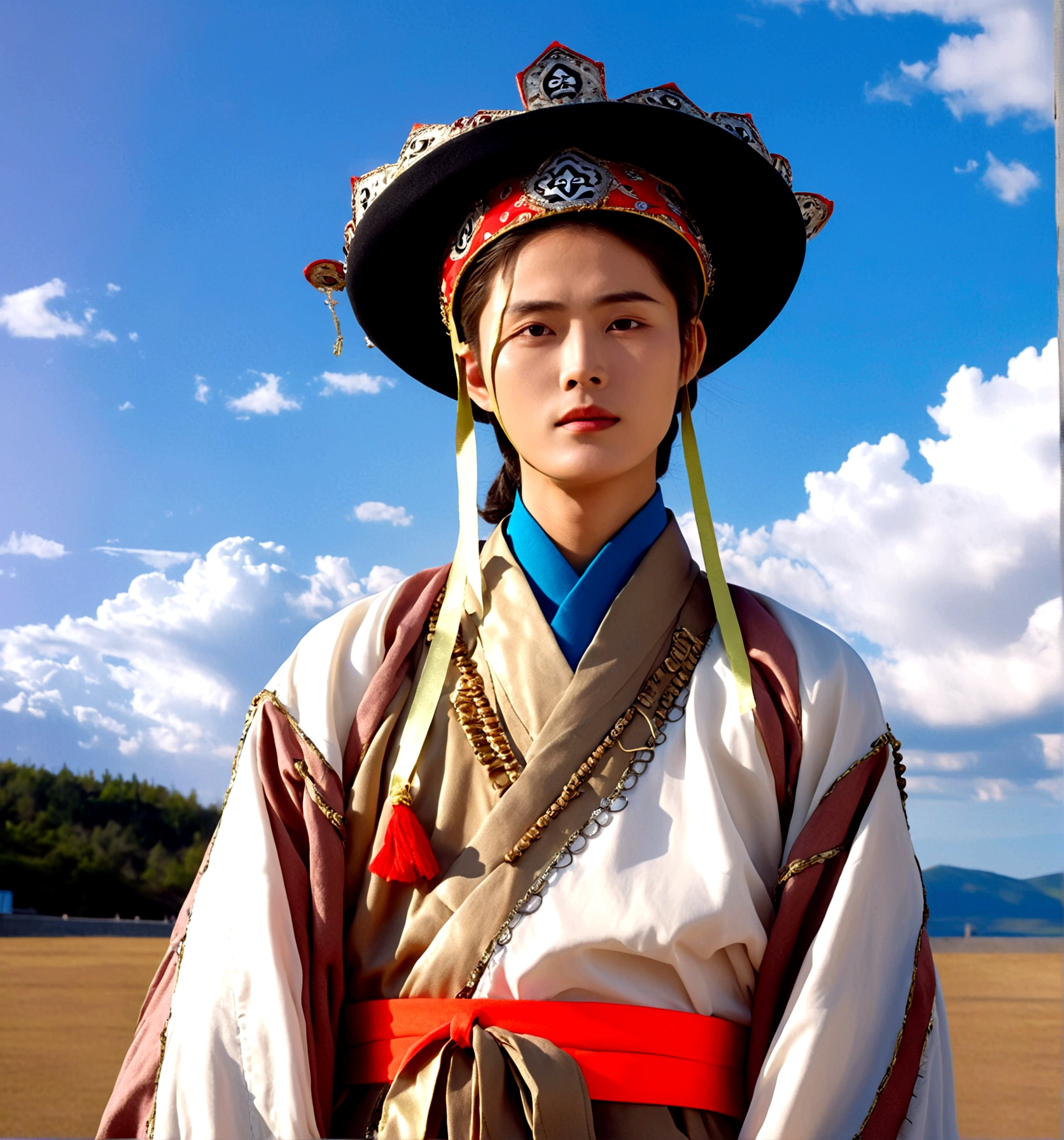 1boy, solo, looking at viewer, long sleeves, hat, closed mouth, upper body, outdoors, sky, day, cloud, blue sky, cloudy sky, crown, robe, korean clothes, traditional clothes, hanbok