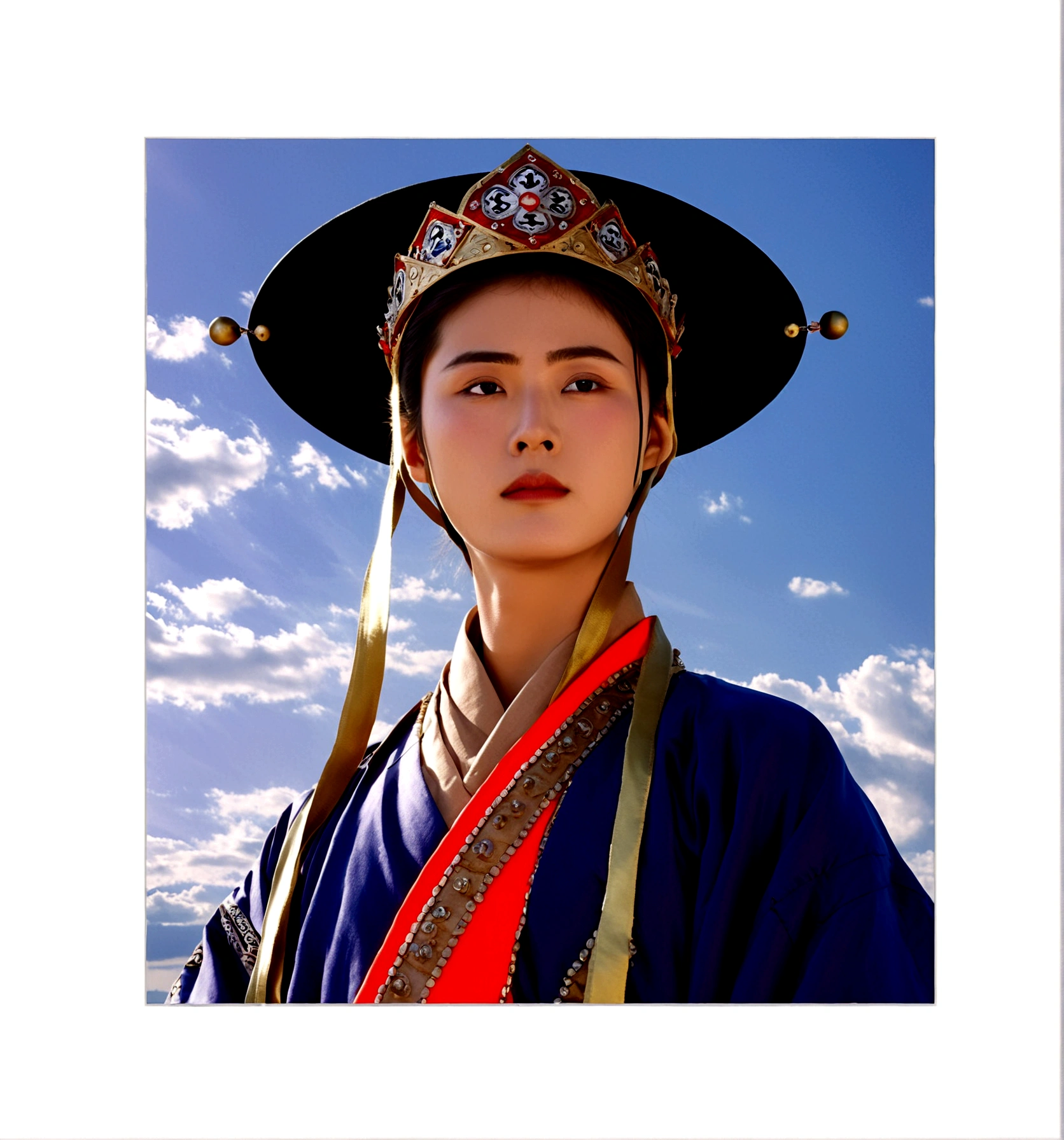 1boy, solo, looking at viewer, long sleeves, hat, closed mouth, upper body, outdoors, sky, day, cloud, blue sky, cloudy sky, crown, robe, korean clothes, traditional clothes, hanbok