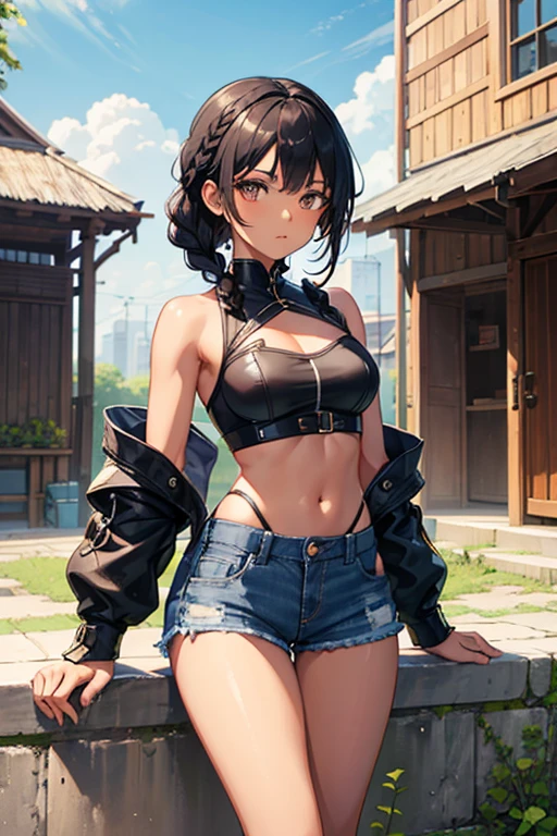 Black skin girl , chest armor and short denim shorts , Short braided hair