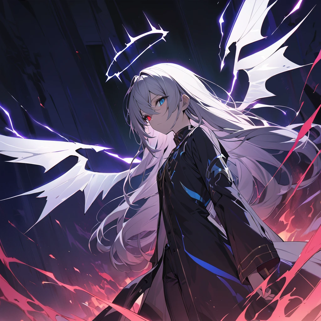 elementary, Shadow Surrounding Girl, lightning, Green Aura, Red aura, Purple aura, Flames surrounding the girl, masterpiece, Dark Theme, Highest quality, Maximum details, Very fine eye, Professional coloring, cinematic lightning, Remaining, Written boundary depth, Backlight, One Girl, Young girl, Silver Hair, Long Hair, Hair between the eyes, Black Halo, Shining blue sea, Blue Flame, Large, black, translucent magical wings on his back, Fantasy-inspired costumes, Black long coat, shirt, Black trousers, Expressionless, heterochromatic eyes, Heterochromia iridis, Violet's left eye, blue right eye, Odd Eye, Glowing Eyes, Show a close-up of your face, Facing forward, Countless magical swords are floating, Slashing Effects