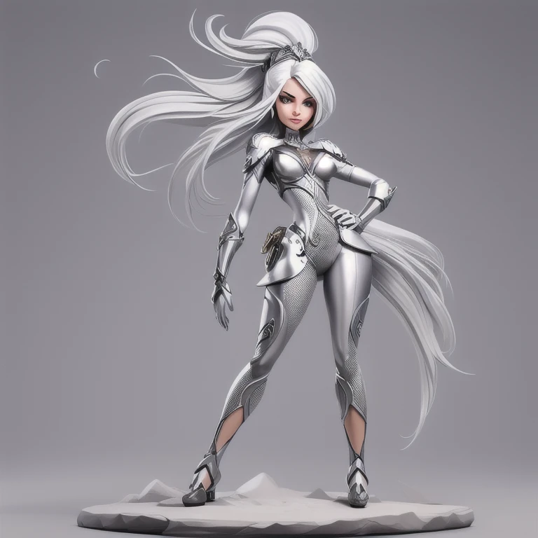 A sexy cartoon woman in warrior attire posing gracefully for a photo, Sexy beauty, straight silver hair, gurreira sexy, inverted triangle body type, Waist slender, silver hair, sensual girl, charmer, mulher de corpo inteiro, wearing sexy outfits, beautiful seductive woman, hourglass figure, cartoon vector style, corpo pin-up, Broad Hips