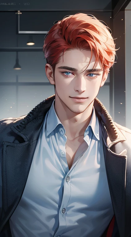 (best quality, masterpiece, 8K, photorealistic, cinematic lighting, 1:4 hdr image, ultra detailed, beautiful image), a mature man, 34 years very handsome, ((cold expression smile in love)), short red hair, blue eyes, face perfect without mistakes, ((buttoning his jacket, CEO))