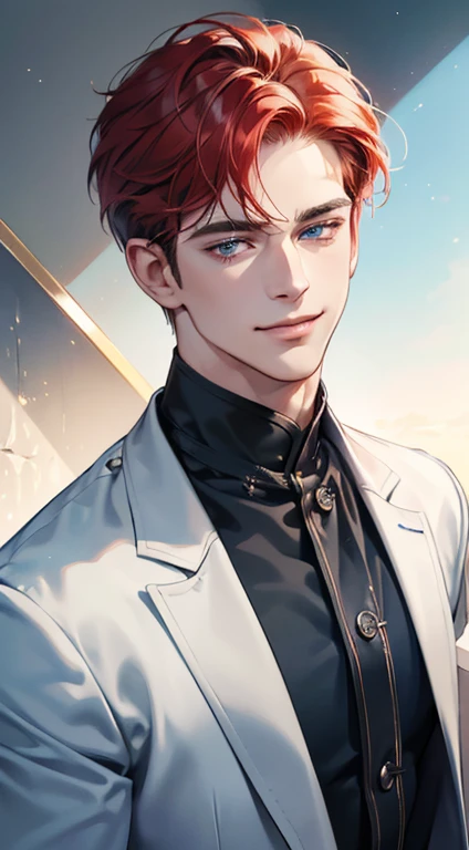 (best quality, masterpiece, 8K, photorealistic, cinematic lighting, 1:4 hdr image, ultra detailed, beautiful image), a mature man, 34 years very handsome, ((cold expression smile in love)), short red hair, blue eyes, face perfect without mistakes, ((buttoning his jacket, CEO))