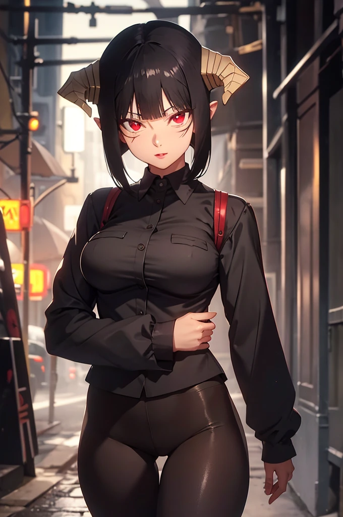 short black hair 1 girl, 1 gilr, ,perfect anatomy girl muscular girl toned body girl large breasts girl thick girl angry girl best quality girl black hair girl Eyes red,linda,wearing short leggings with, blackstockings, shorth hair, comely eyes, comely, Eyes red, white shirt, black leather jacket, shorts, legging branca curta, dark alley city black pantyhose, horned hair on head,ssmile,face detailed,ssmile no rosto
