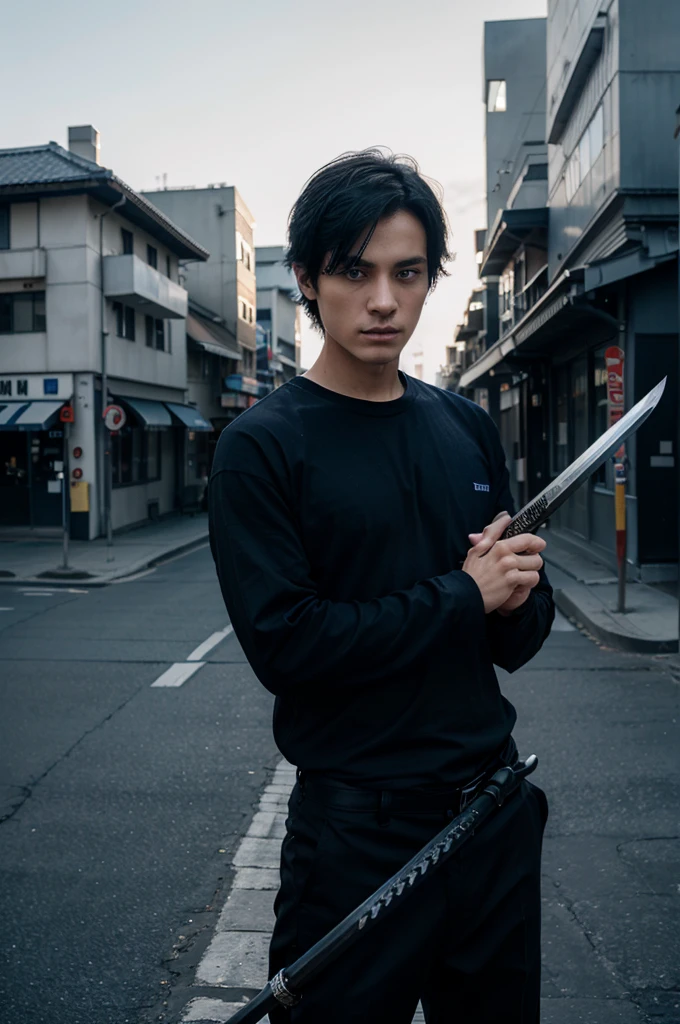 1boy, holding katana with blue flame, short black hair, blue eyes, wearing black long sleeve shirt, black large trousers with Japansese words on it, city, high res, ultrasharp, 8K, masterpiece, looking at viewer,