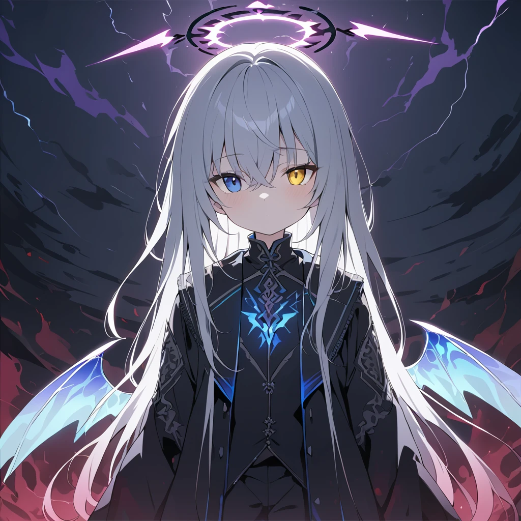 elementary, Shadow Surrounding Girl, lightning, Green Aura, Red aura, Purple aura, Flames surrounding the girl, masterpiece, Dark Theme, Highest quality, Maximum details, Very fine eye, Professional coloring, cinematic lightning, Remaining, Written boundary depth, Backlight, One Girl, Young girl, Silver Hair, Long Hair, Hair between the eyes, Black Halo, Shining blue sea, Blue Flame, Large, black, translucent magical wings on his back, Fantasy-inspired costumes, Black long coat, shirt, Black trousers, Expressionless, heterochromatic eyes, Heterochromia iridis, Violet&#39;s left eye, blue right eye, Odd Eye, Glowing Eyes, Show a close-up of your face, Facing forward, Countless magical swords are floating, Slashing Effects