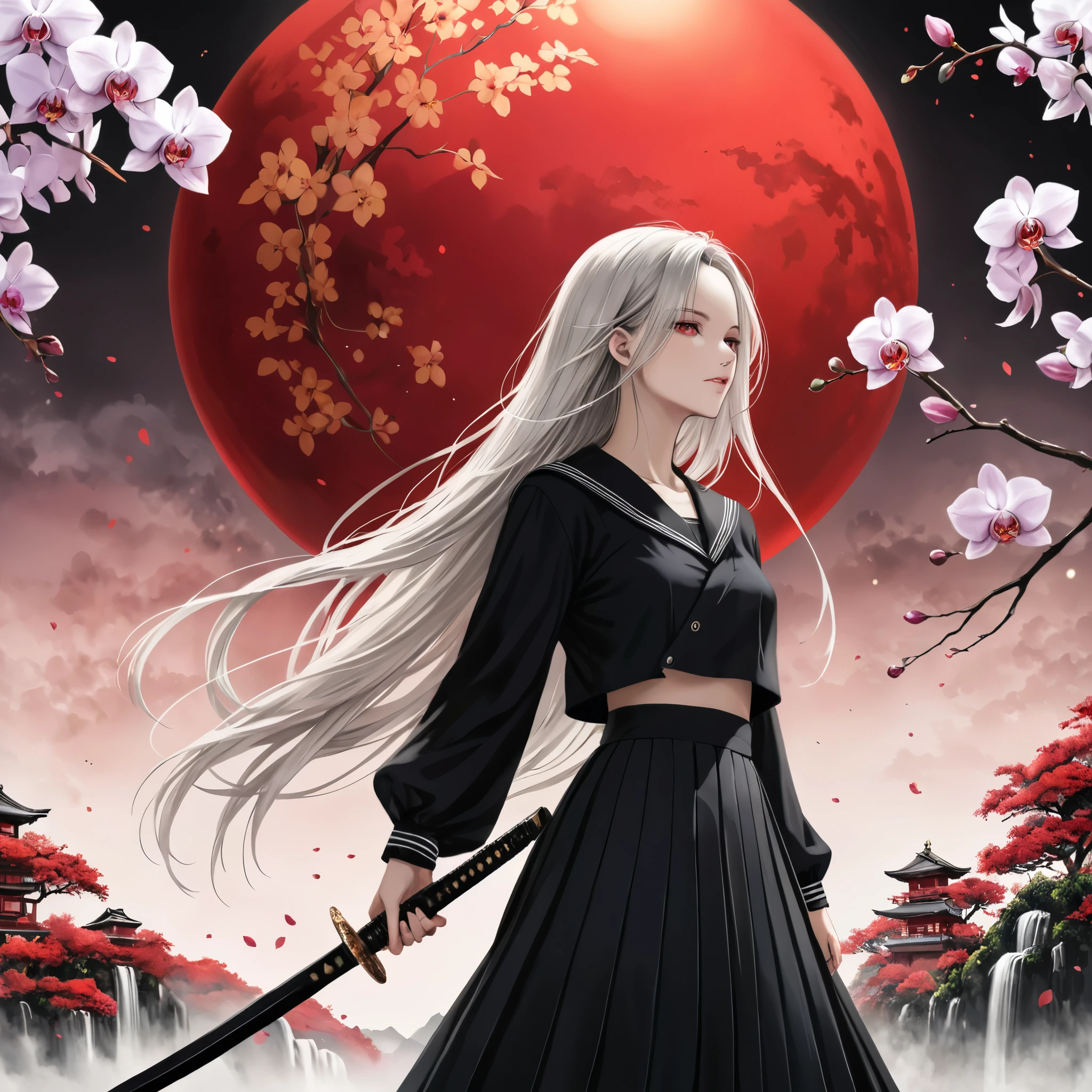(in style of Santiago Caruso:1.1),1 Girl,Black sailor suit pleated skirt,Blurred foreground,orchid,White long hair blowing in the wind,Background blur,Red sphere background,Standing,Japanese sword,握着Japanese sword,眼睛上有一朵orchid