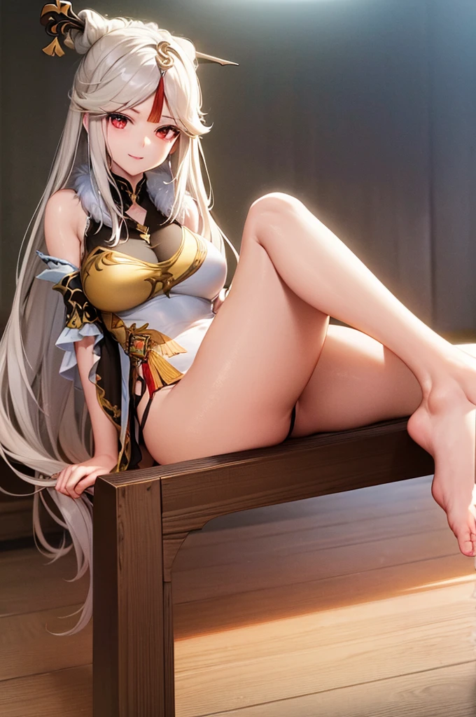 masterpiece)),((Highest quality)),High resolution,Highly detailed CG,Perfect lighting,8k wallpaper、One Woman, alone、Very long hair、Red Eyes、Very large breasts、Very large breasts、very thick legs、Looking into the camera、Captivating smile,