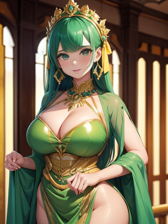 girl, With big breasts, exotic dress with lemon green gold details