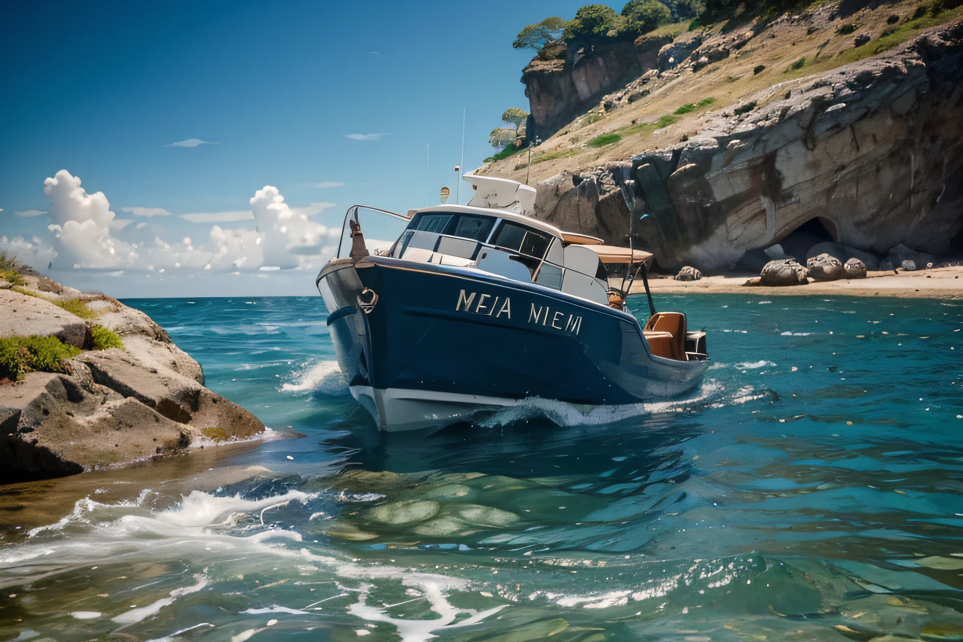 realistic photo of a small motorboat in the sea, fish swimming around, fish in the sea, beautiful background, 4k, detailed, details, HD