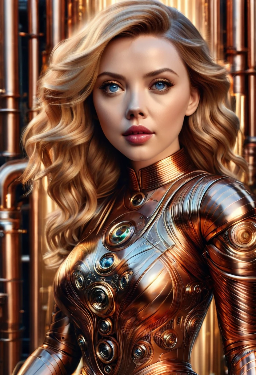 A stunning robot made of copper piping with hair made of intricate copper piping, cascading down like a metallic waterfall. She wears a dress fashioned from delicate, interwoven copper pipes, glinting under the light. Her visage is a mesmerizing blend of Alison Brie, Scarlett Johansson, and Dove Cameron, creating a unique, symmetrical face that exudes elegance and grace. The entire scene is rendered in photorealistic quality, capturing every fine detail with stunning clarity. The overall artwork is a masterpiece, presented in 8K high resolution, showcasing the top-quality craftsmanship and artistic vision.