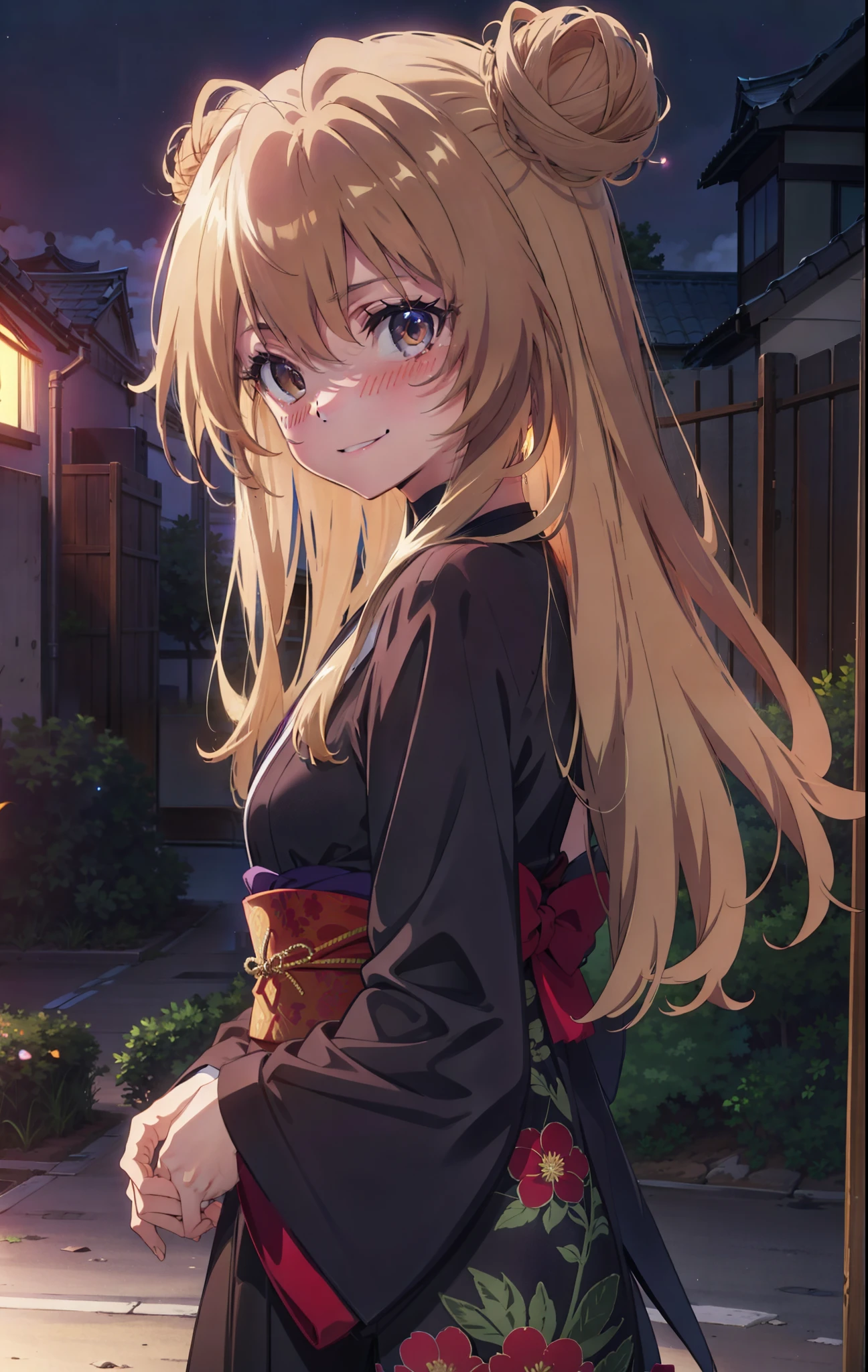 taiga aisaka, taiga aisaka, Long Hair, Brown Hair, Brown eyes,happy smile, smile, Close your mouth,Hair Bun, single Hair Bun,Black kimono,Thick sleeves,日本のfestival,夏festivalの屋台,Red lantern,night,night空の花火,Fireworks,The place is a fireworks display,時間はnightです,sunny day,turn around,As if your whole body is in the illustration,Walking, break looking at viewer, Upper Body, (Cowboy Shot:1. 5),
break outdoors, festival,shrine,
break (masterpiece:1.2), Highest quality, High resolution, unity 8k wallpaper, (shape:0.8), (Beautiful attention to detail:1.6), Highly detailed face, Perfect lighting, Highly detailed CG, (Perfect hands, Perfect Anatomy),
