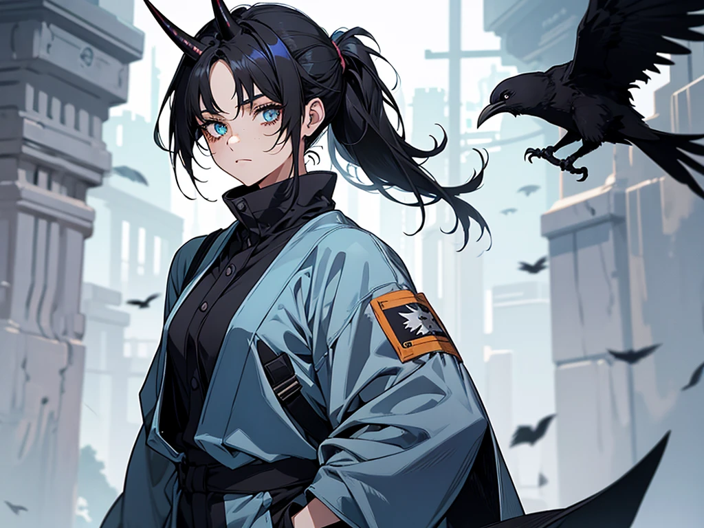 A girl in the Boku no hero style, She is wearing her hero outfit which consists of, a long-sleeved jumpsuit that covers your entire neck and ends in shorts, on top a kimono with a raven on each side drawn on it,
.The girl has black hair with blue highlights tied in a ponytail and cut at the sides., She has freckles on her dark skin with one green eye and one blue eye. She has a horn on each side of her head, one blue and one black.