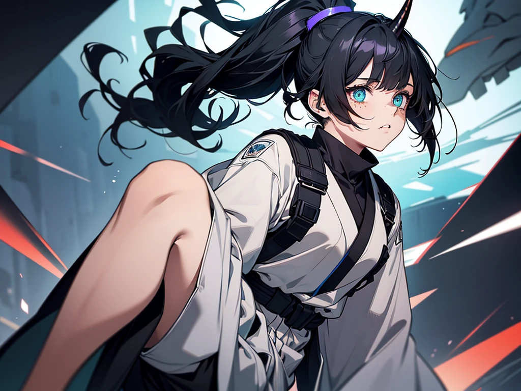 A girl in the Boku no hero style, She is wearing her hero outfit which consists of, a long-sleeved jumpsuit that covers your entire neck and ends in shorts, on top a kimono with a raven on each side drawn on it,
.The girl has black hair with blue highlights tied in a ponytail and cut at the sides., She has freckles on her dark skin with one green eye and one blue eye. She has a horn on each side of her head, one blue and one black.