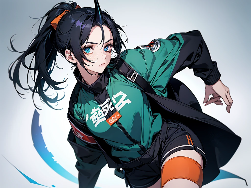 A girl in the Boku no hero style, She is wearing her hero outfit which consists of, a long-sleeved jumpsuit that covers your entire neck and ends in shorts, on top a kimono with a raven on each side drawn on it,
.The girl has black hair with blue highlights tied in a ponytail and cut at the sides., She has freckles on her dark skin with one green eye and one blue eye. She has a horn on each side of her head, one blue and one black.