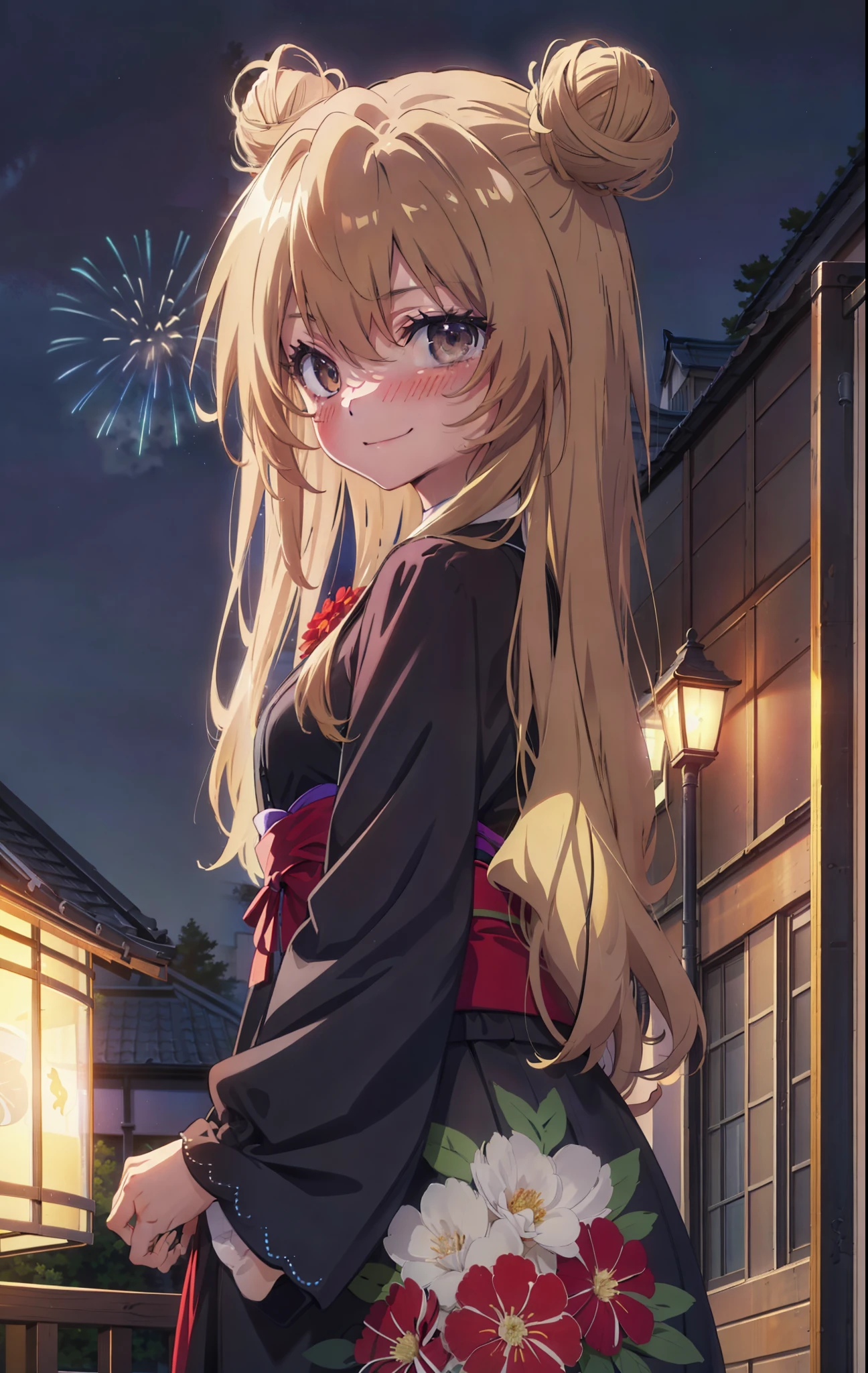taiga aisaka, taiga aisaka, Long Hair, Brown Hair, Brown eyes,happy smile, smile, Close your mouth,Hair Bun, single  Hair Bun,Black kimono,Thick sleeves,日本のfestival,夏festivalの屋台,Red lantern,night,night空の花火,Fireworks,The place is a fireworks display,時間はnightです,sunny day,turn around,As if your whole body is in the illustration,Walking,　　　　　　　　　　　　　　　  　　　　　break looking at viewer, Upper Body, (Cowboy Shot:1. 5),  　　　　　
break outdoors, festival,shrine,
break (masterpiece:1.2), Highest quality, High resolution, unity 8k wallpaper, (shape:0.8), (Beautiful attention to detail:1.6), Highly detailed face, Perfect lighting, Highly detailed CG, (Perfect hands, Perfect Anatomy),
