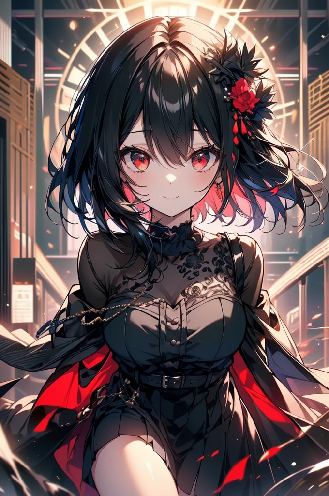 (masterpiece, highest quality, highest quality, (No text), Beautiful and aesthetic:1.2),No text,アニメ、BREAK,One Girl,Black Hair Girl short hair older sister choker Tree Eyes Beautiful eyes Red eyes cool smile Red and Black Black jacket mini skirt whole body In town