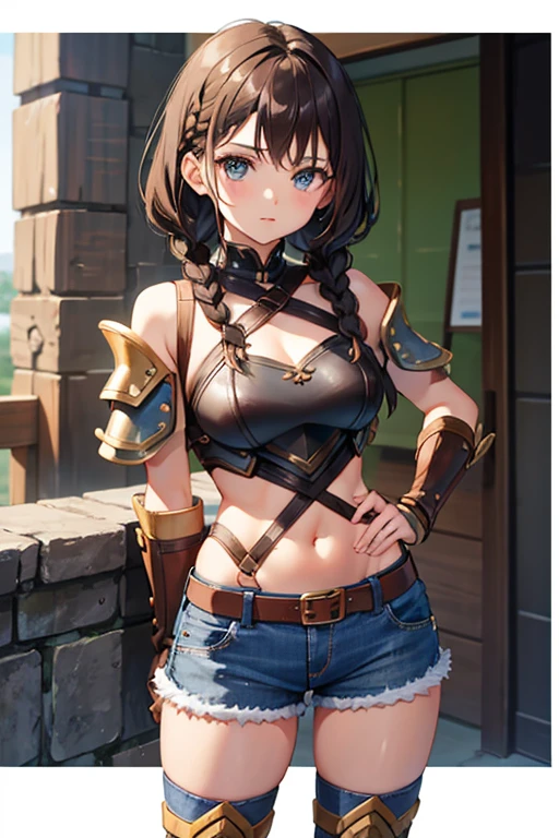 brunette girl , chest armor and short denim shorts , Short braided hair