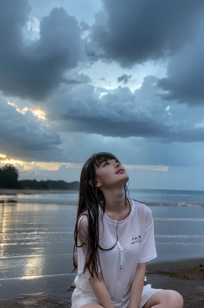 22year old beautiful girl、Highest image quality、realistic、16K、beautiful woman、long hair、With bangs、Pretty slim、heavy rain、While walking through the Beach in the rain、wet from heavy rain、Full body figure、Look up at the sky、sitting on the beach、Look up at the sky、Close your eyes and look up at the sky、Taking a shower of rain、白のTシャツ、Shooting from a distance、目を閉じて