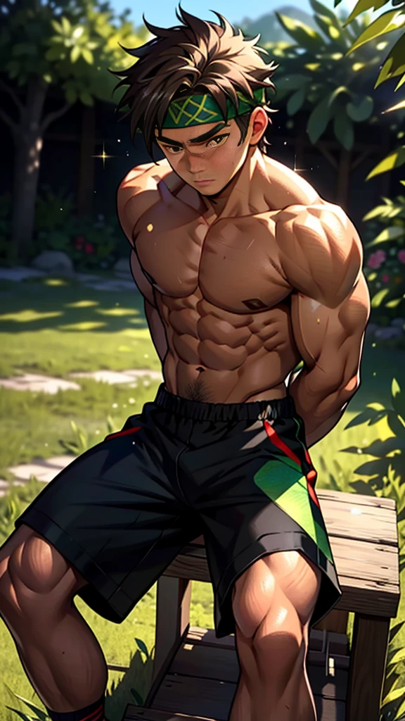 (Masterpiece, Best quality 12 year old boy,Shota), 1boys, Young,Muscular, Short hair, with brown eye, Intricate, Grass, full bodyesbian, Shirtless, Muscles sparkle in the sun,Black shorts, green headband, Vivid colors,(Depth of field:1.2),(Abs),Blush, view the viewer, Sit on grass,