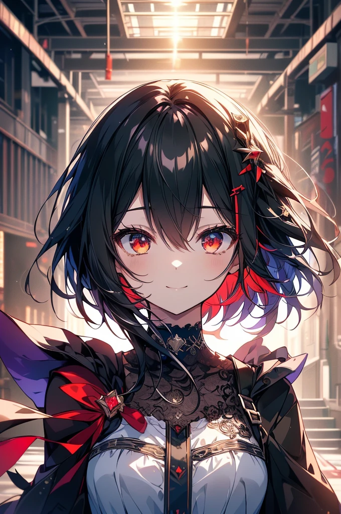(masterpiece, highest quality, highest quality, (No text), Beautiful and aesthetic:1.2),No text,アニメ、BREAK,One Girl,Black Hair Girl short hair older sister choker Tree Eyes Beautiful eyes Red eyes cool smile Red and Black Black jacket mini skirt whole body In town