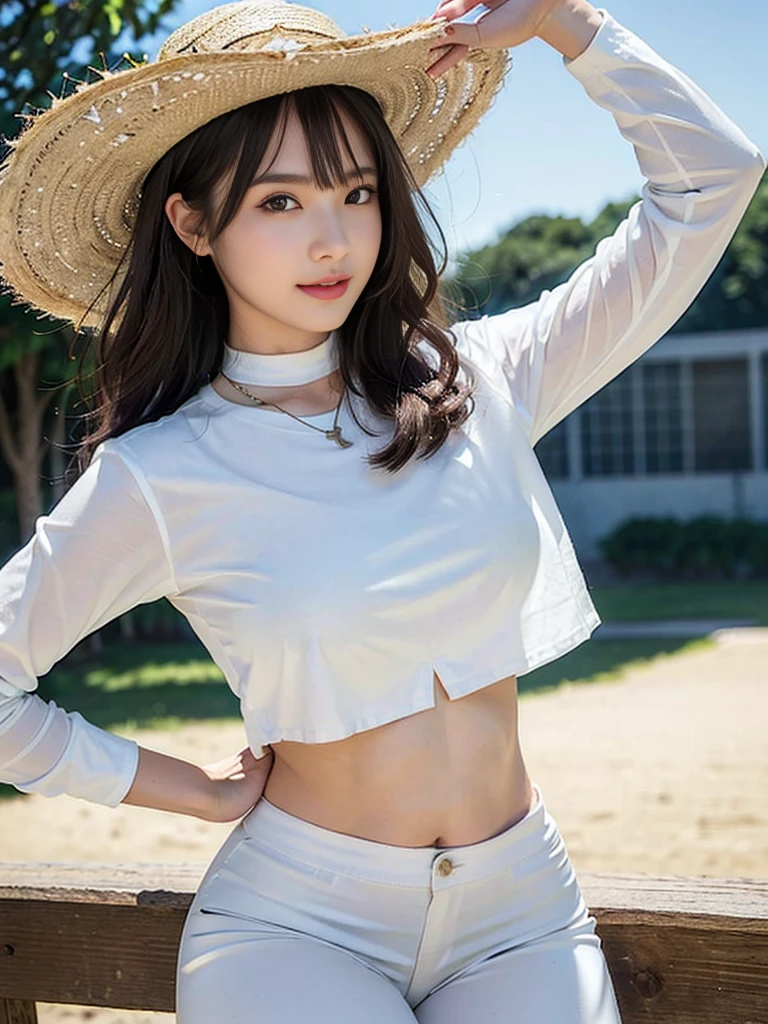 Look at this and smile、Colorful summer clothes、top quality、masterpiece、超High resolution、(actual:1.4)、Very wide lens、close up、Young woman beautiful、Nice detailed eyes and skin、smile、Short brown hair haircut、bust、Small necklace、、straw fedora hat、、Summer sky、(highest image quality: 1.35), high quality, Realistic photo, (A beautiful woman:1.33), beautiful expression, (delicate eyes:1.3), (delicate face:1.3), Smile, (light hair silhouette:1.2), Super detailed , high resolution, Athletic figure, (big breasts:1.25), (long hair:1.2), (beautiful woman), (Cute navel:1.2), ( Depth of field f/1.8:1.45 ), sharp focus, original image , (Thin white shirt:1.45), (Thin white pants:1.4), (Thin white tight pants:1.4 ), (shirt thin white eyelashes:1.4), (thick thighs:1.5), (forward facing:1.25), (cowboy photo:1.4), (night sports:1.4), ( dark sky:1.5 ),