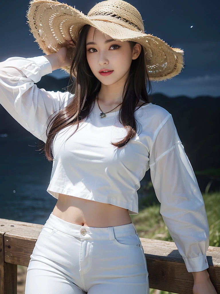 Look at this and smile、Colorful summer clothes、top quality、masterpiece、超High resolution、(actual:1.4)、Very wide lens、close up、Young woman beautiful、Nice detailed eyes and skin、smile、Short brown hair haircut、bust、Small necklace、、straw fedora hat、、Summer sky、(highest image quality: 1.35), high quality, Realistic photo, (A beautiful woman:1.33), beautiful expression, (delicate eyes:1.3), (delicate face:1.3), Smile, (light hair silhouette:1.2), Super detailed , high resolution, Athletic figure, (big breasts:1.25), (long hair:1.2), (beautiful woman), (Cute navel:1.2), ( Depth of field f/1.8:1.45 ), sharp focus, original image , (Thin white shirt:1.45), (Thin white pants:1.4), (Thin white tight pants:1.4 ), (shirt thin white eyelashes:1.4), (thick thighs:1.5), (forward facing:1.25), (cowboy photo:1.4), (night sports:1.4), ( dark sky:1.5 ),