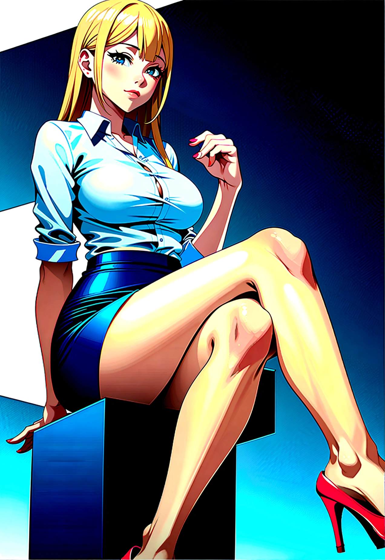 , (Spread your legs)、 (White panties), Female police officer, Blue Uniform、Mini Skirt Police、White shirt, sunny, Mature Woman, Anime Cel Style, Highest quality, High resolution, One Girl, (Large Breasts:1.2), Beautiful Face, Beautiful fingers, Beautiful long legs, Beautiful body, Beautiful Nose, Beautiful character design, blonde, bangs, blue eyes, Show Viewer, Cowboy Shot, blush、Embarrassed look、Nipples are visible、 、