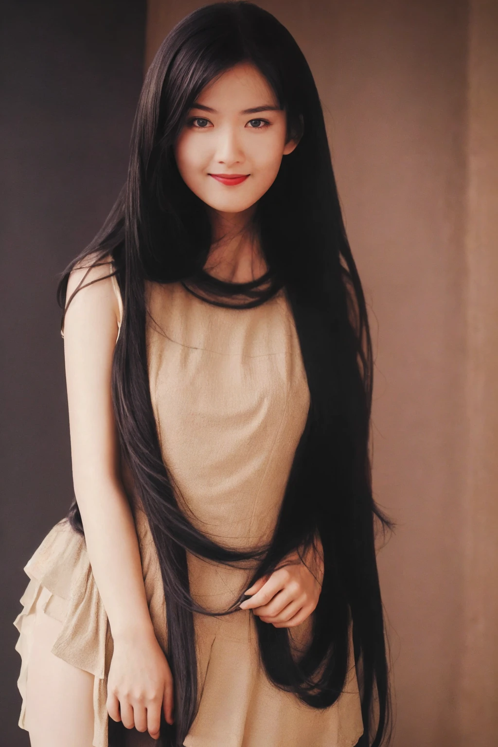 (masterpiece, best quality, high resolution, absurd:1.1), 1 Girl, Solitary, Practical,Photoshop \(Moderate\), No trigger words,  chenxiaoyun,Smile, black eyes ,Long hair, Black Hair, Looking at the audience, permeance,clothing,
