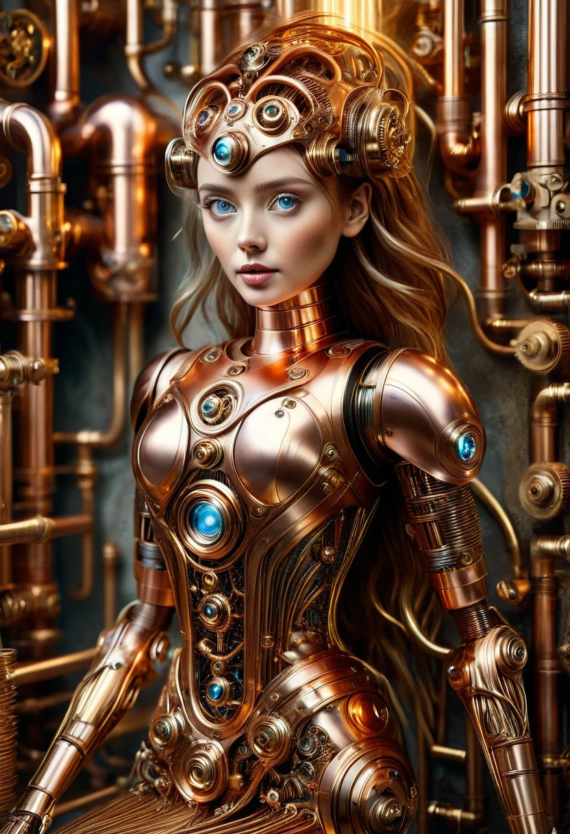 A stunning robot made of copper piping with hair made of intricate copper piping, cascading down like a metallic waterfall. She wears a dress fashioned from delicate, interwoven copper pipes, glinting under the light. Her visage is a mesmerizing blend of Alison Brie, Scarlett Johansson, and Dove Cameron, creating a unique, symmetrical face that exudes elegance and grace. The entire scene is rendered in photorealistic quality, capturing every fine detail with stunning clarity. The overall artwork is a masterpiece, presented in 8K high resolution, showcasing the top-quality craftsmanship and artistic vision.