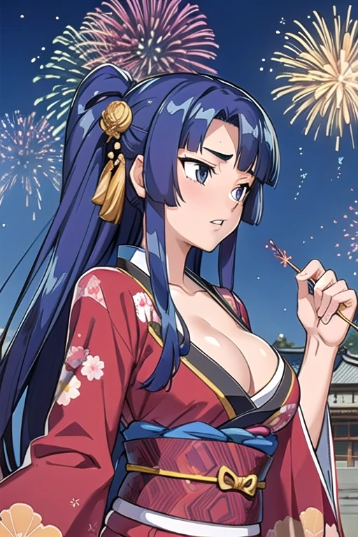 yatsu_murasaki,score_9,score_8_up,score_7_up,1girl,solo,dynamic angle,ymnym,cleavage,japanese clothes,kimono,hair ornament,wide sleeves,sash,obi,animal print,long sleeves,hair bow,east asian architecture, sky, fireworks,