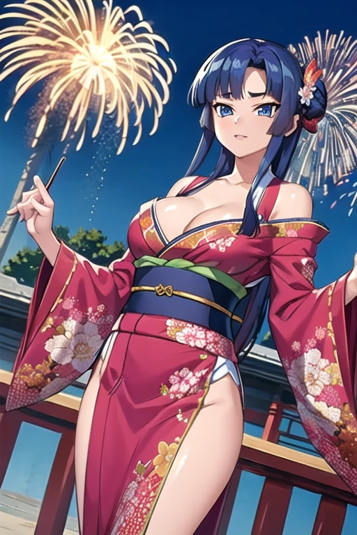 yatsu_murasaki,score_9,score_8_up,score_7_up,1girl,solo,dynamic angle,ymnym,cleavage,japanese clothes,kimono,hair ornament,wide sleeves,sash,obi,animal print,long sleeves,hair bow,east asian architecture, sky, fireworks,