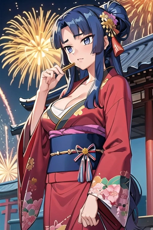 yatsu_murasaki,score_9,score_8_up,score_7_up,1girl,solo,dynamic angle,ymnym,cleavage,japanese clothes,kimono,hair ornament,wide sleeves,sash,obi,animal print,long sleeves,hair bow,east asian architecture, sky, fireworks,