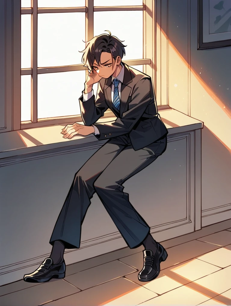 A woman wearing a black suit, tie, black long pants, leather shoes, and black socks breaks a window.